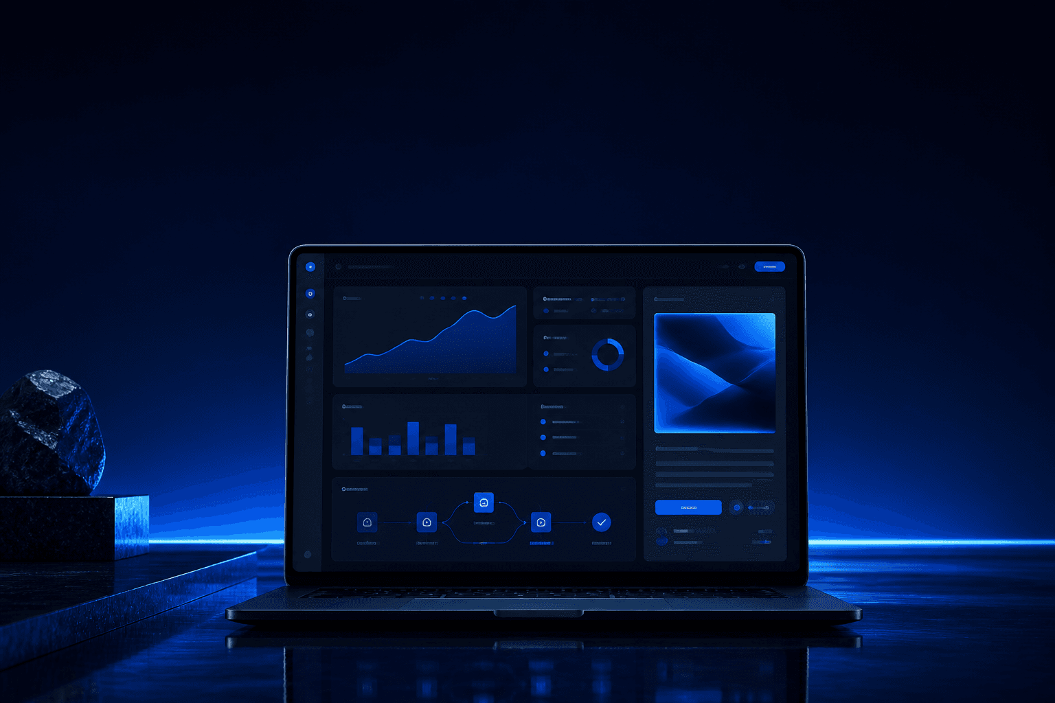A premium laptop displaying campaign analytics and an automation workflow